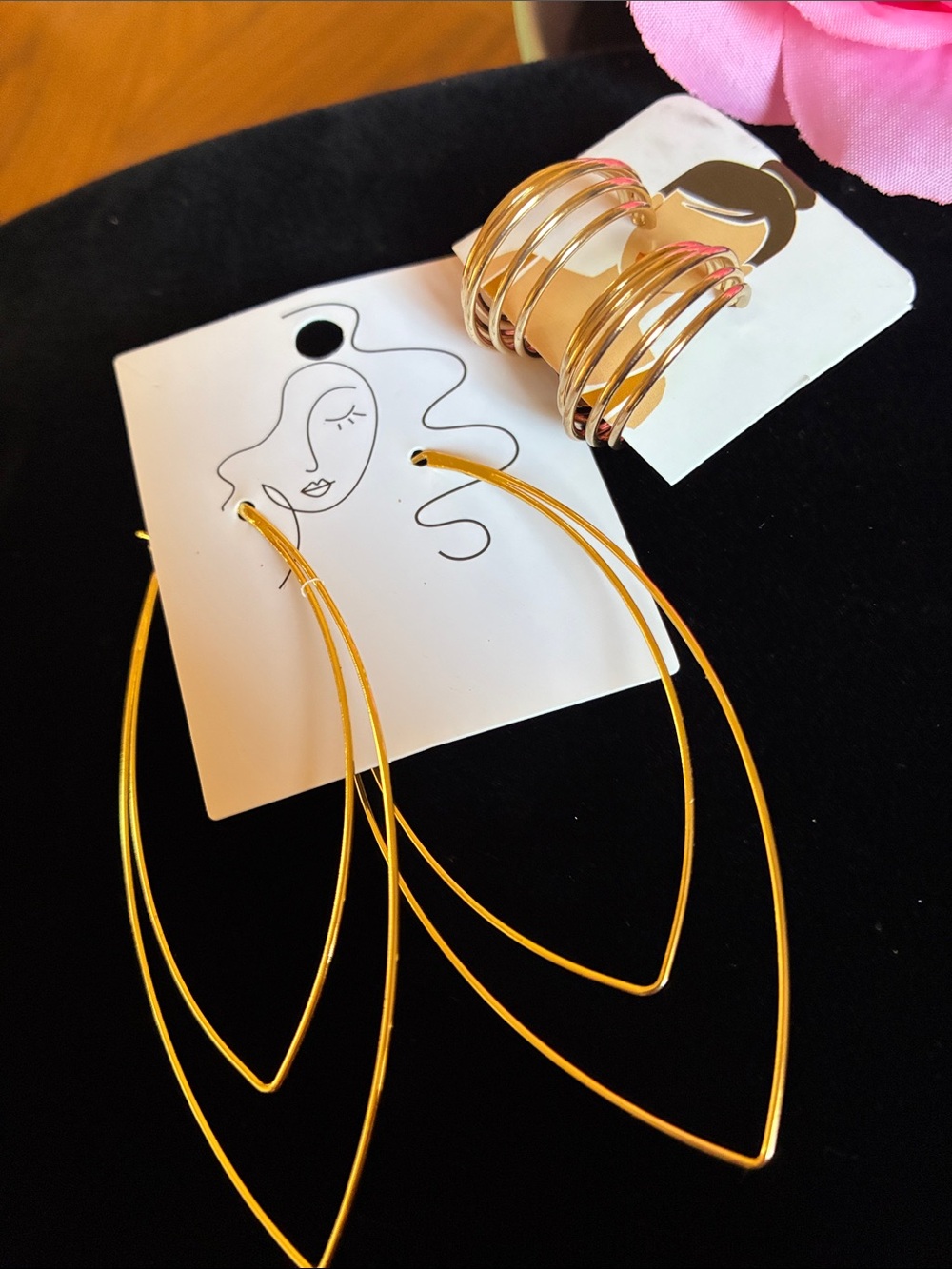 Gold Double Outline Drop Earrings and Stackable Rings Set